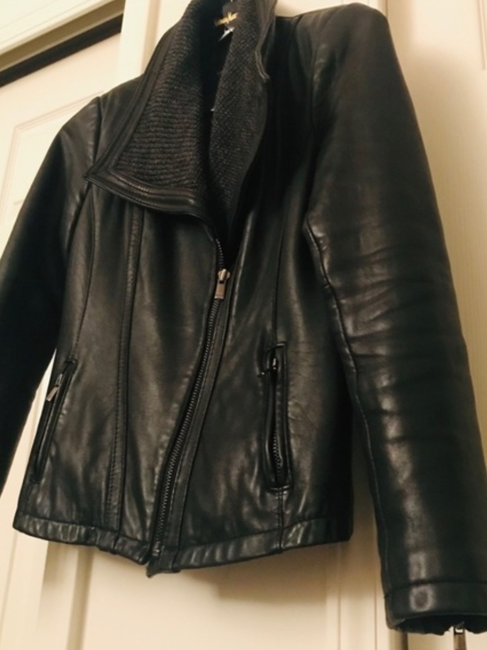 Jones New York Black Leather Asymmetrical Zip Jacket
